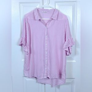 Beach lunch lounge, Stripped Pink & White Blouse, Ruffle Sleeves, size XL